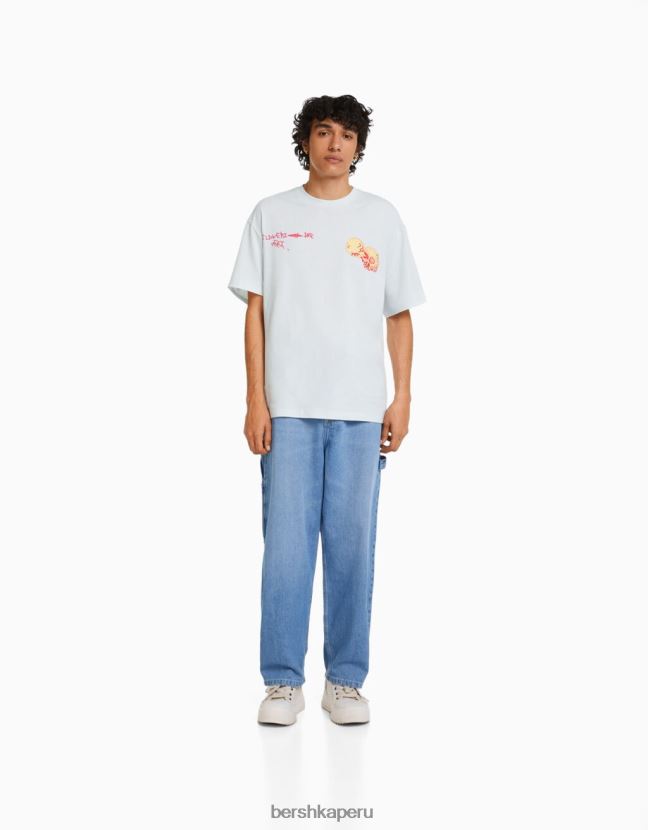 azul claro Bershka hombres playera de manga corta con estampado boxy fit 806J6B2805