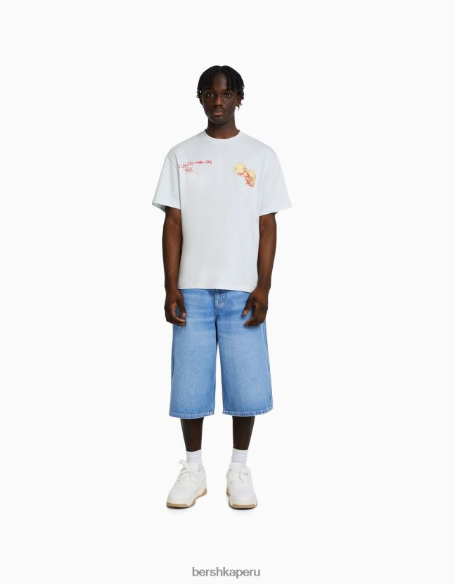 azul claro Bershka hombres playera de manga corta con estampado boxy fit 806J6B2806