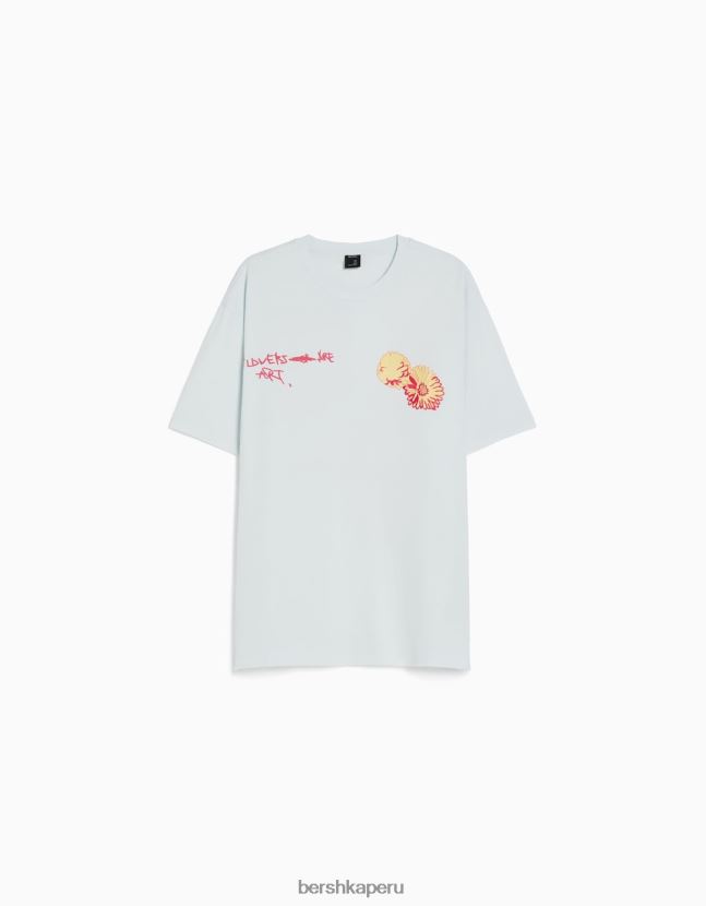 azul claro Bershka hombres playera de manga corta con estampado boxy fit 806J6B2806