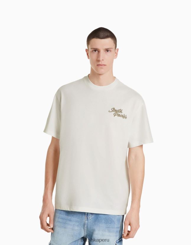 blanco Bershka hombres camiseta boxy fit de manga corta con bordado 806J6B2614