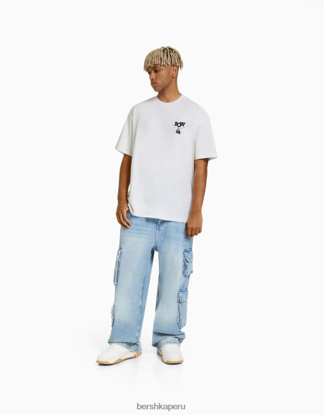 blanco Bershka hombres camiseta boxy fit de manga corta con estampado de boxeo 806J6B2707