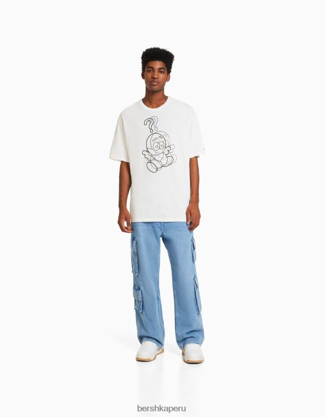 blanco Bershka hombres camiseta boxy fit de manga corta con estampado metalizado 806J6B2753