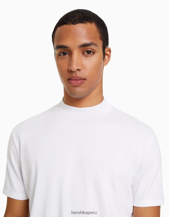 blanco Bershka hombres camiseta de manga corta con cuello alto 806J6B2740