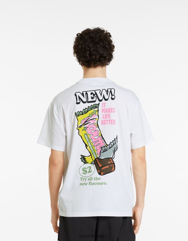 blanco Bershka hombres camiseta de manga corta con estampado 806J6B2757