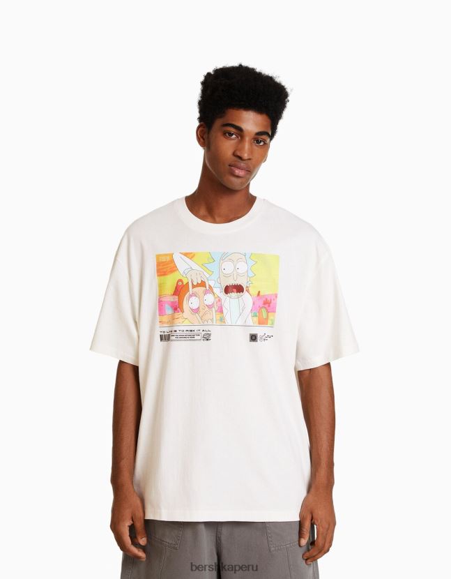 blanco Bershka hombres camiseta de manga corta con estampado de rick y morty 806J6B2856