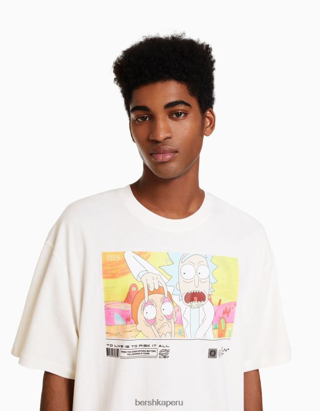 blanco Bershka hombres camiseta de manga corta con estampado de rick y morty 806J6B2856