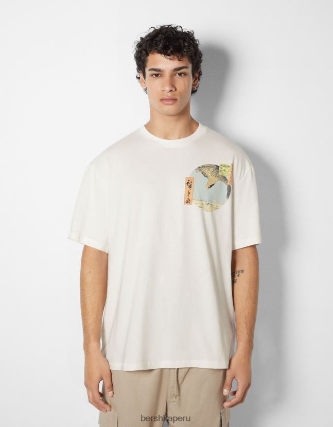 blanco Bershka hombres camiseta de manga corta con estampado de serie de arte 806J6B2639