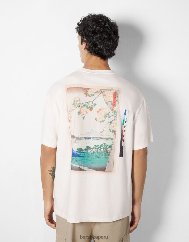 blanco Bershka hombres camiseta de manga corta con estampado de serie de arte 806J6B2639