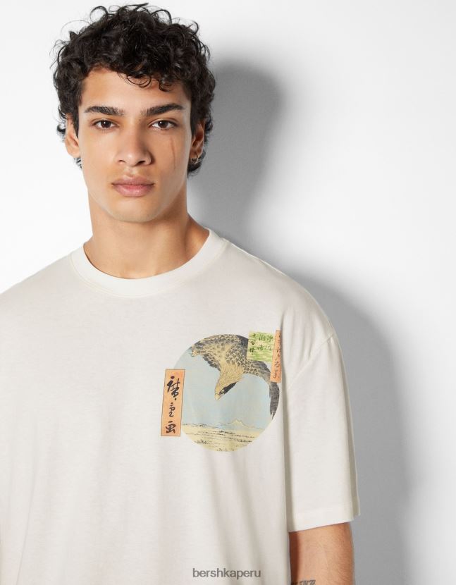 blanco Bershka hombres camiseta de manga corta con estampado de serie de arte 806J6B2639