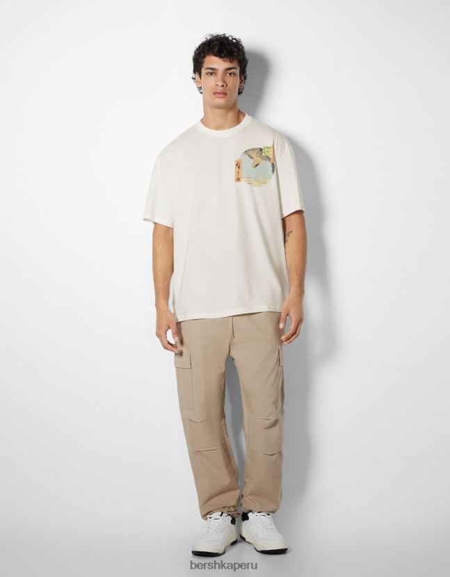 blanco Bershka hombres camiseta de manga corta con estampado de serie de arte 806J6B2639