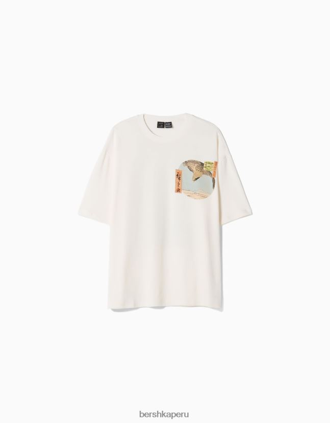 blanco Bershka hombres camiseta de manga corta con estampado de serie de arte 806J6B2639