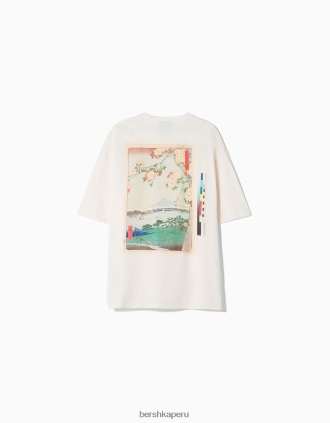 blanco Bershka hombres camiseta de manga corta con estampado de serie de arte 806J6B2639