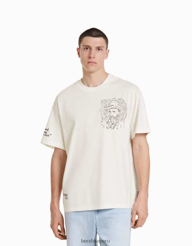 blanco Bershka hombres camiseta de manga corta con estampado de van gogh 806J6B2613