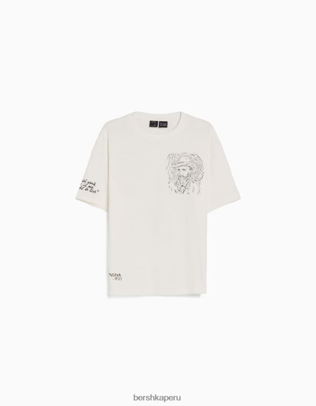 blanco Bershka hombres camiseta de manga corta con estampado de van gogh 806J6B2613