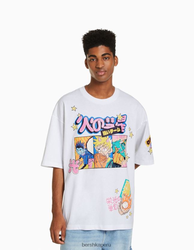 blanco Bershka hombres camiseta extra holgada de manga corta con estampado 806J6B2607