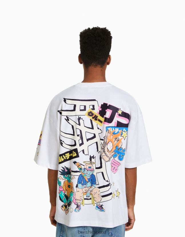 blanco Bershka hombres camiseta extra holgada de manga corta con estampado 806J6B2607