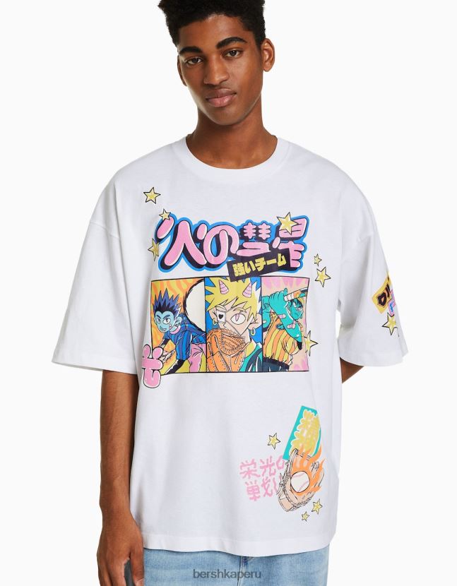 blanco Bershka hombres camiseta extra holgada de manga corta con estampado 806J6B2607