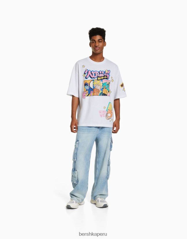 blanco Bershka hombres camiseta extra holgada de manga corta con estampado 806J6B2607