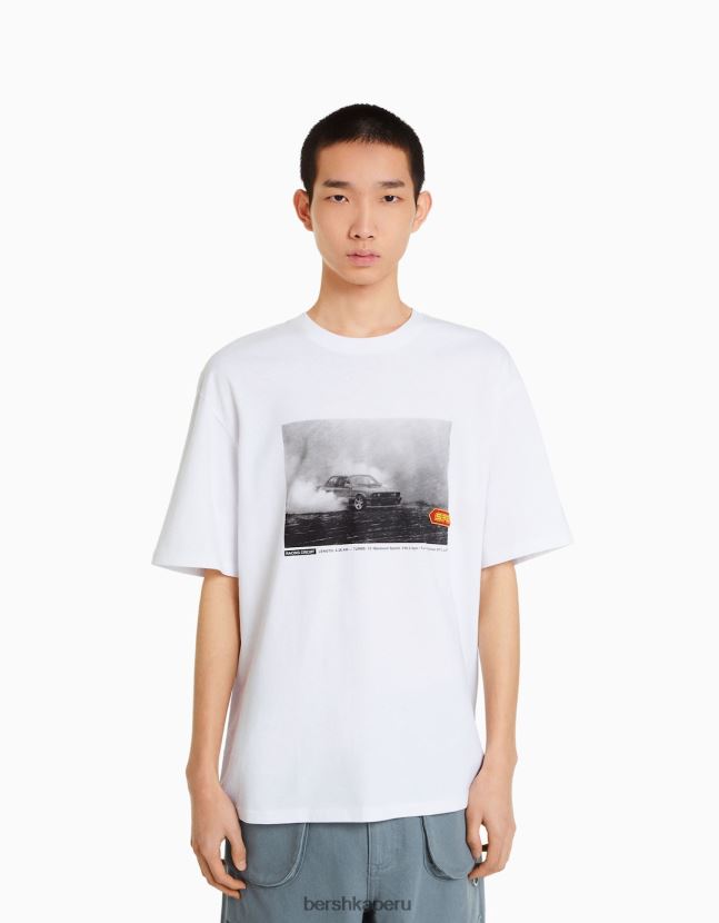 blanco Bershka hombres camiseta oversize de manga corta con estampado de carreras 806J6B2620