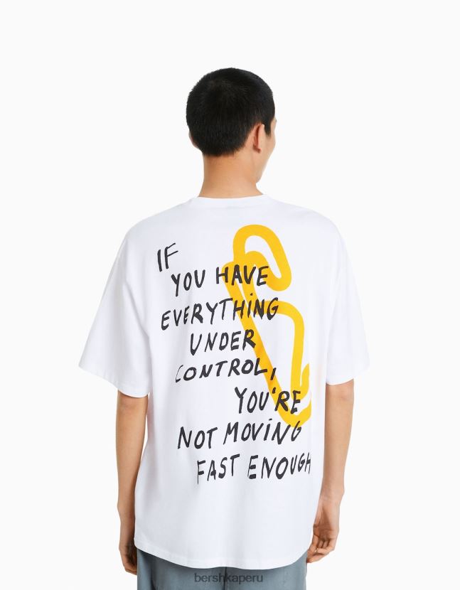 blanco Bershka hombres camiseta oversize de manga corta con estampado de carreras 806J6B2620