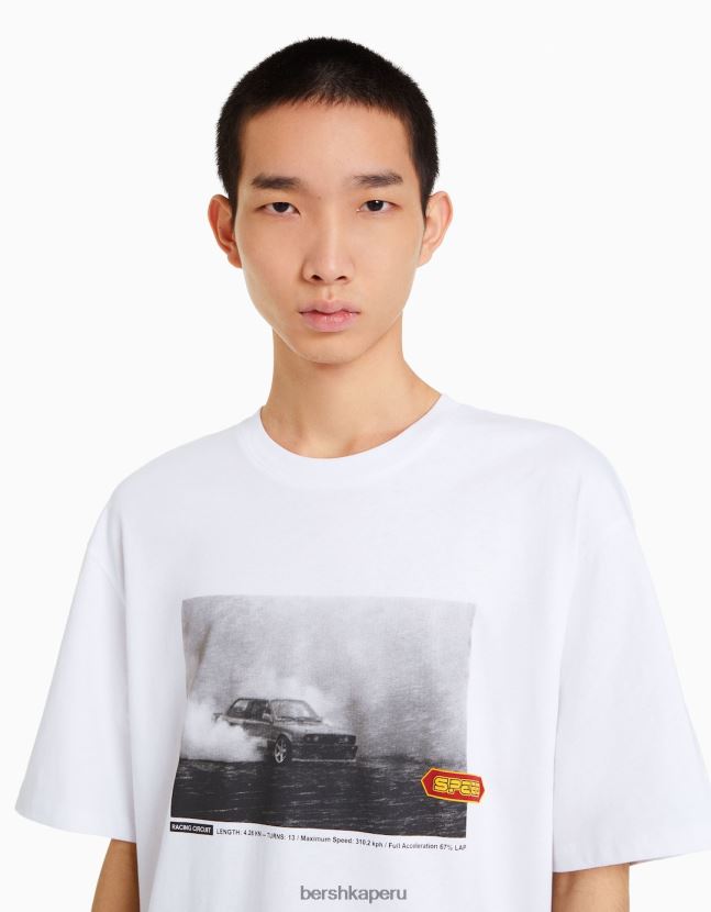 blanco Bershka hombres camiseta oversize de manga corta con estampado de carreras 806J6B2620