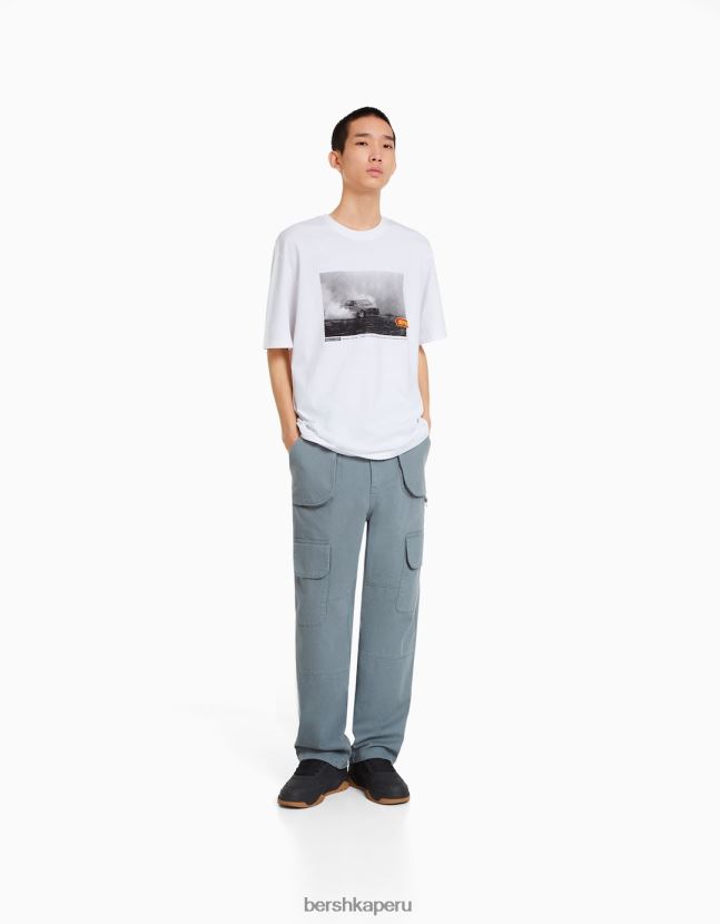 blanco Bershka hombres camiseta oversize de manga corta con estampado de carreras 806J6B2620