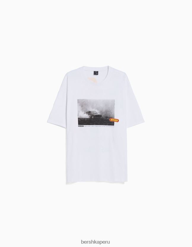 blanco Bershka hombres camiseta oversize de manga corta con estampado de carreras 806J6B2620