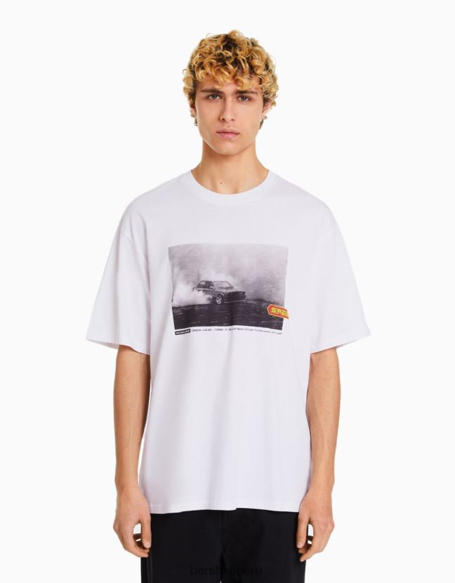 blanco Bershka hombres camiseta oversize de manga corta con estampado de carreras 806J6B2621