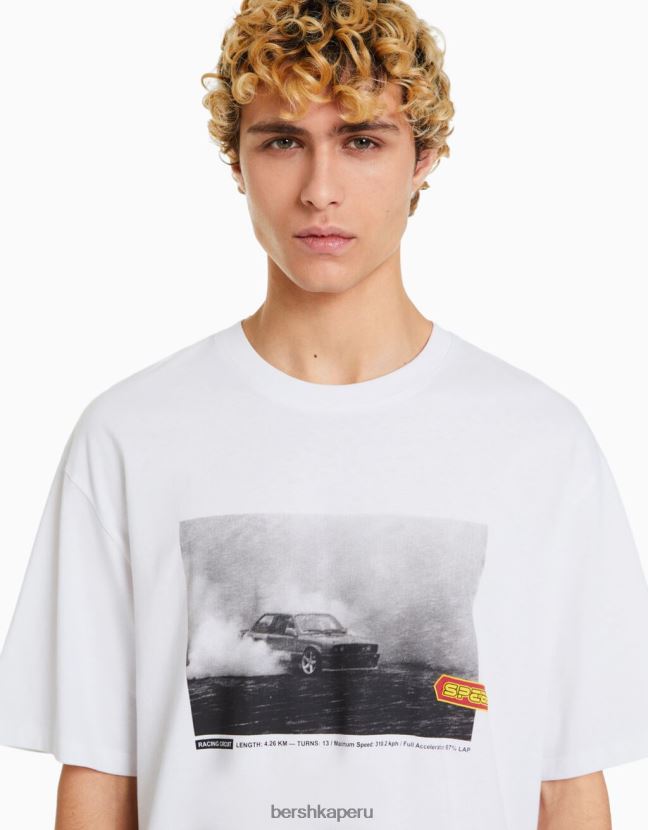 blanco Bershka hombres camiseta oversize de manga corta con estampado de carreras 806J6B2621