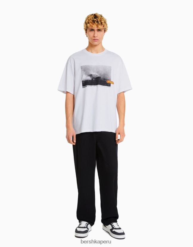 blanco Bershka hombres camiseta oversize de manga corta con estampado de carreras 806J6B2621