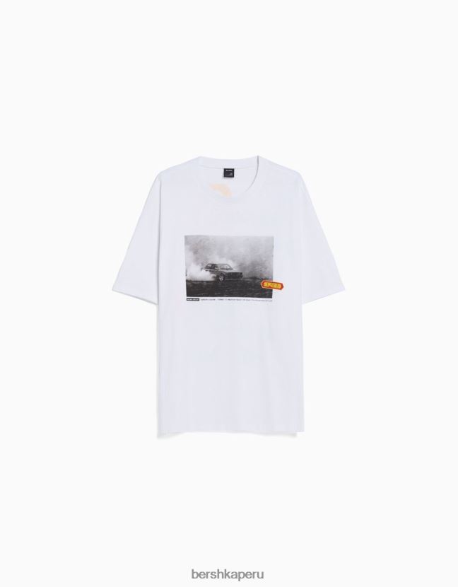 blanco Bershka hombres camiseta oversize de manga corta con estampado de carreras 806J6B2621