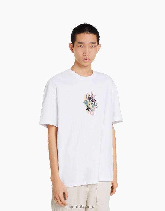 blanco Bershka hombres playera de manga corta con estampado boxy fit 806J6B2670