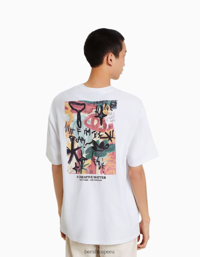 blanco Bershka hombres playera de manga corta con estampado boxy fit 806J6B2670