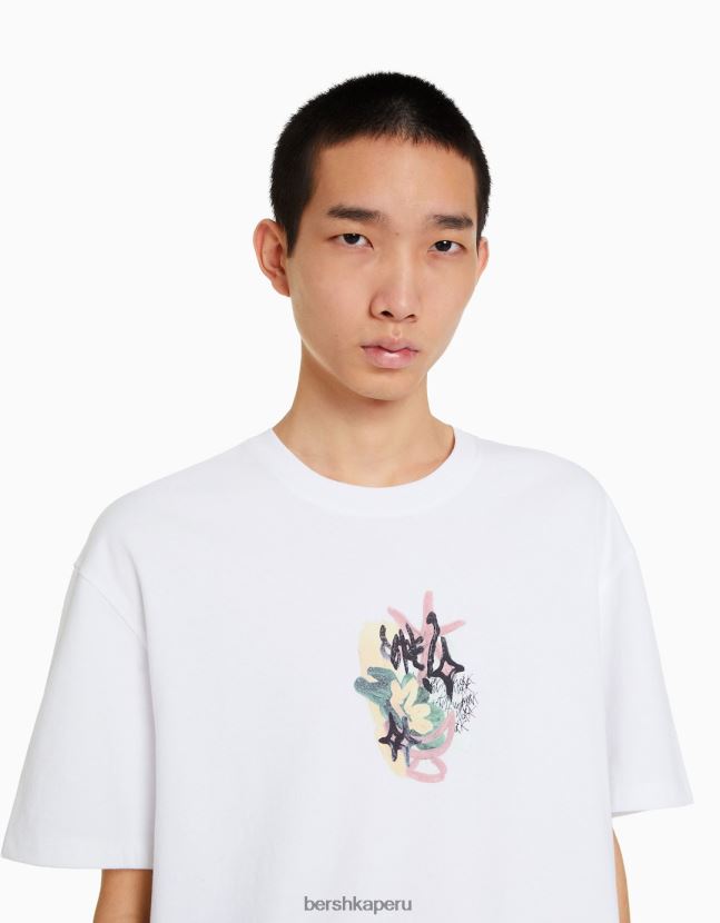 blanco Bershka hombres playera de manga corta con estampado boxy fit 806J6B2670