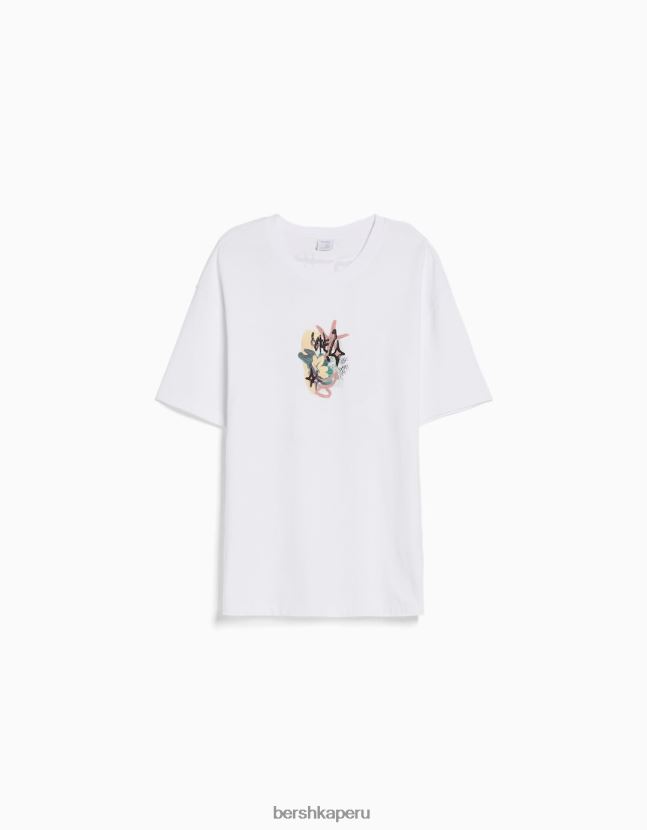 blanco Bershka hombres playera de manga corta con estampado boxy fit 806J6B2670