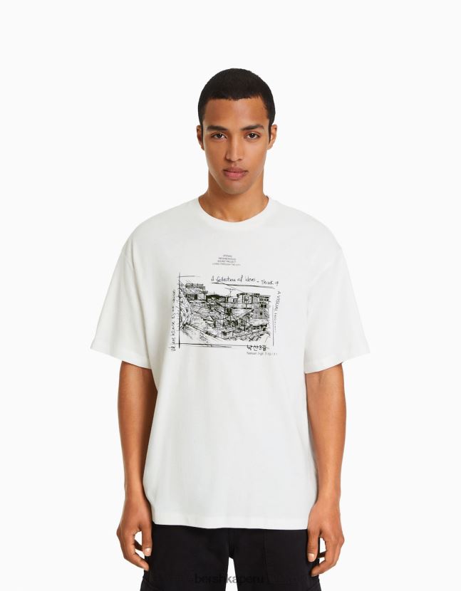 blanco Bershka hombres playera de manga corta con estampado boxy fit 806J6B2697