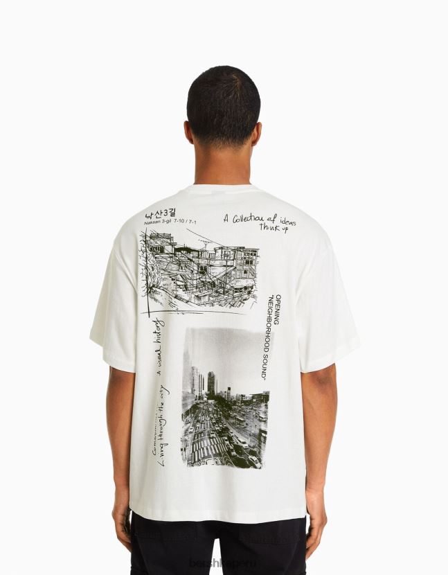 blanco Bershka hombres playera de manga corta con estampado boxy fit 806J6B2697