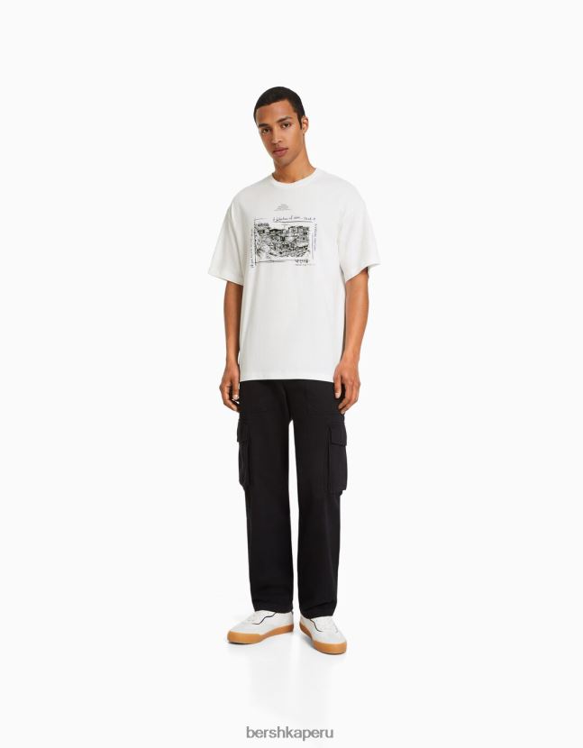 blanco Bershka hombres playera de manga corta con estampado boxy fit 806J6B2697