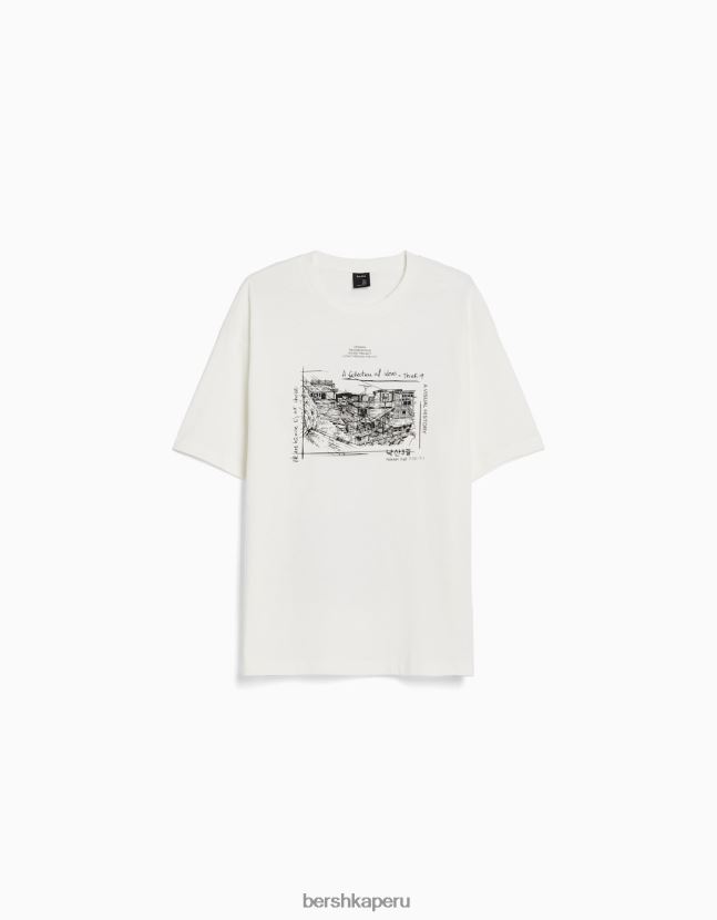 blanco Bershka hombres playera de manga corta con estampado boxy fit 806J6B2697