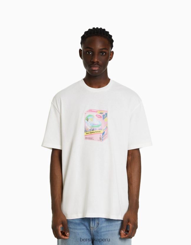 blanco Bershka hombres playera de manga corta con estampado boxy fit 806J6B2824
