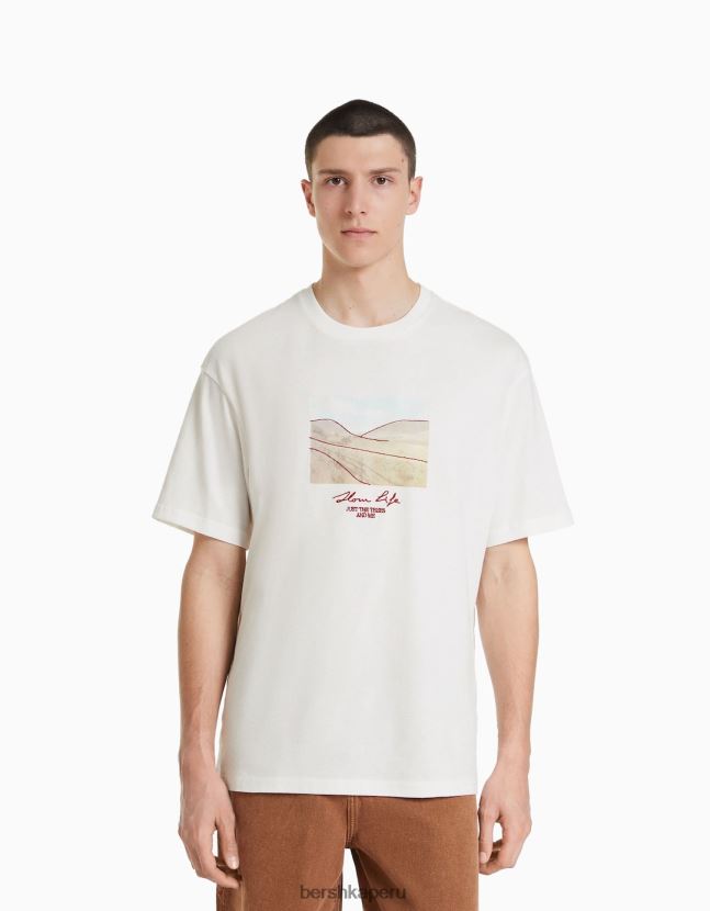 blanco Bershka hombres playera de manga corta con estampado boxy fit 806J6B2832