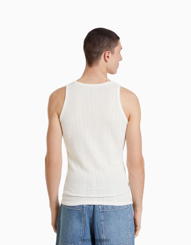 blanco Bershka hombres playera de tiras de punto pointelle 806J6B2839