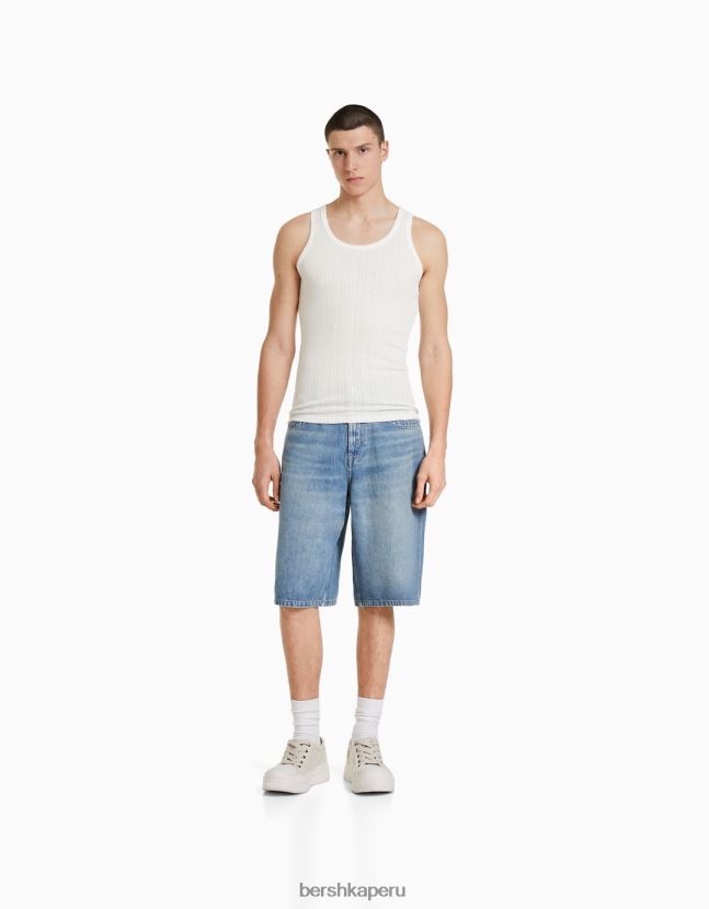 blanco Bershka hombres playera de tiras de punto pointelle 806J6B2839