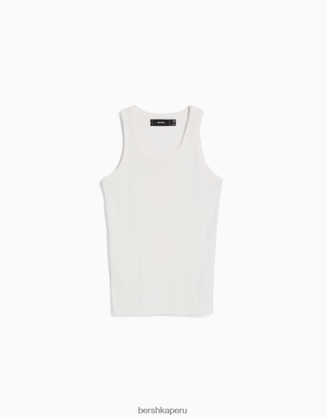 blanco Bershka hombres playera de tiras de punto pointelle 806J6B2839