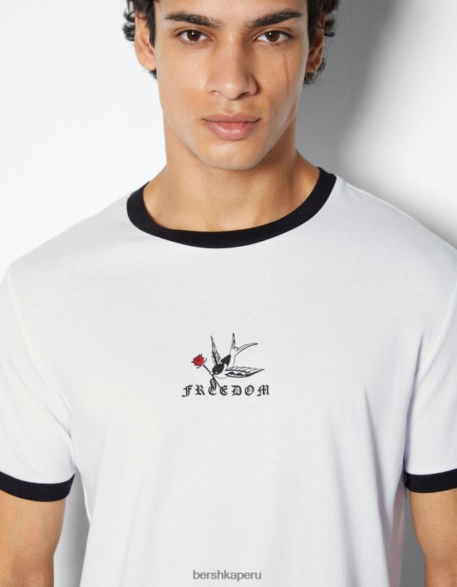 blanco negro Bershka hombres camiseta de manga corta con estampado regular fit 806J6B2673