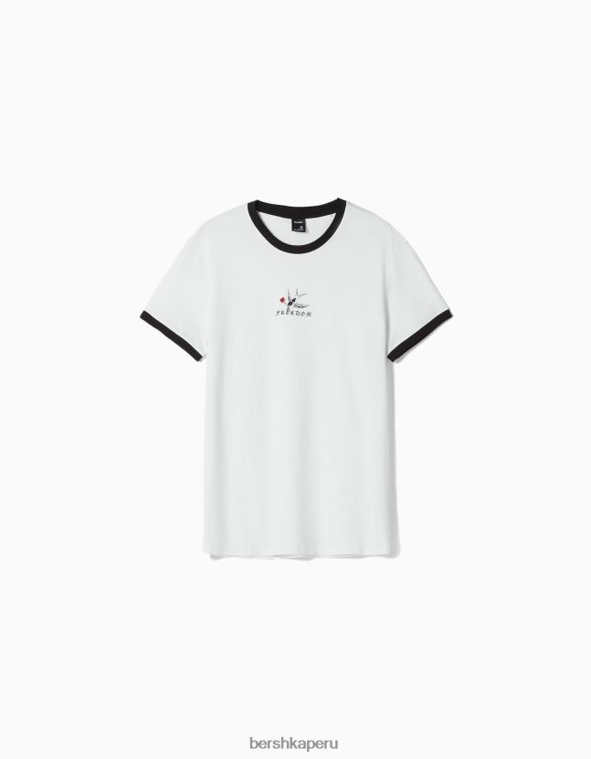 blanco negro Bershka hombres camiseta de manga corta con estampado regular fit 806J6B2673