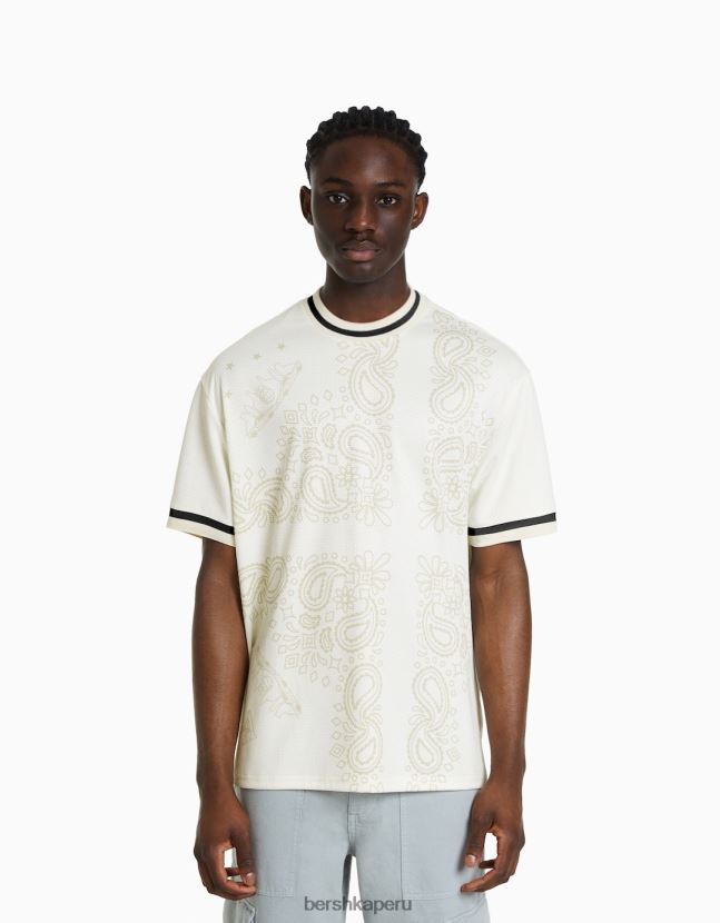 blanquecino Bershka hombres Camiseta de malla de manga corta extra holgada con estampado de cachemira 806J6B2635