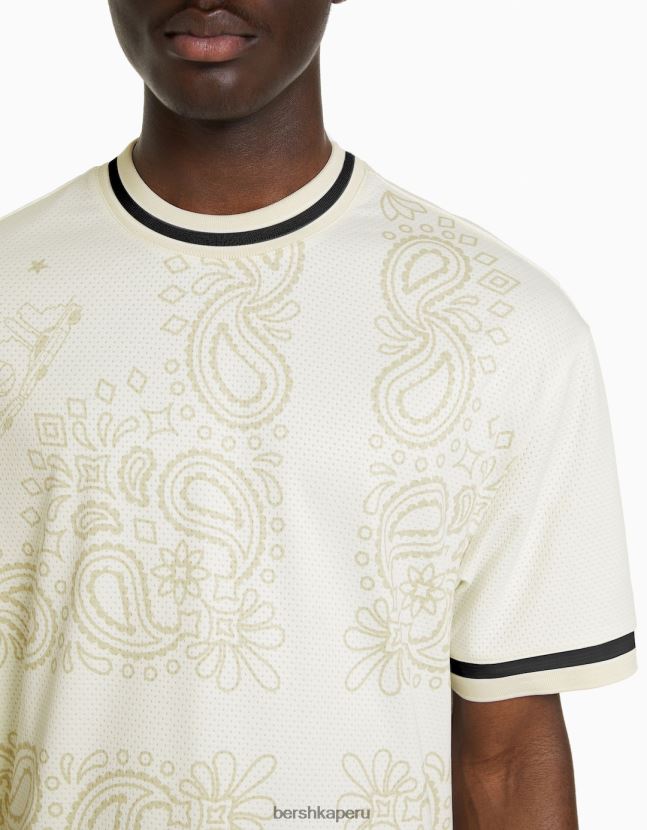 blanquecino Bershka hombres Camiseta de malla de manga corta extra holgada con estampado de cachemira 806J6B2635