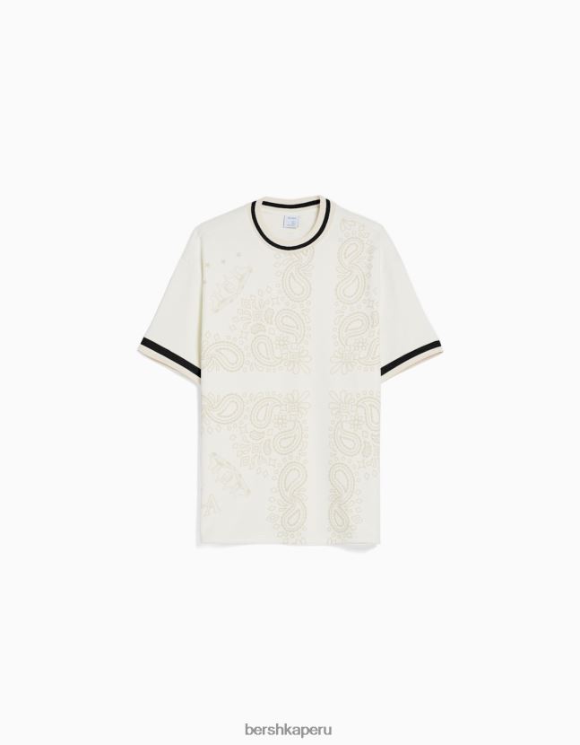 blanquecino Bershka hombres Camiseta de malla de manga corta extra holgada con estampado de cachemira 806J6B2635