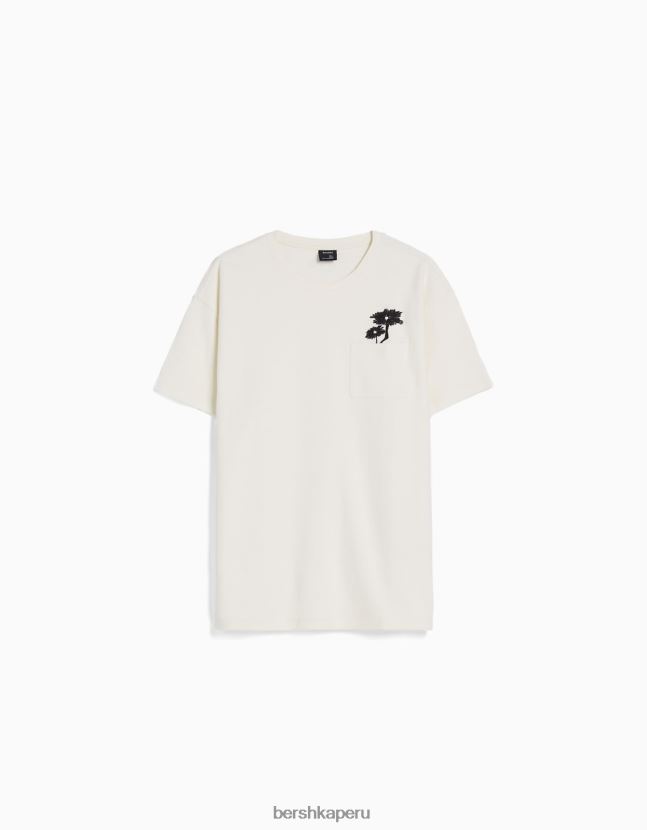 blanquecino Bershka hombres camiseta de canalé con estampado floral de manga corta y corte boxy 806J6B2671